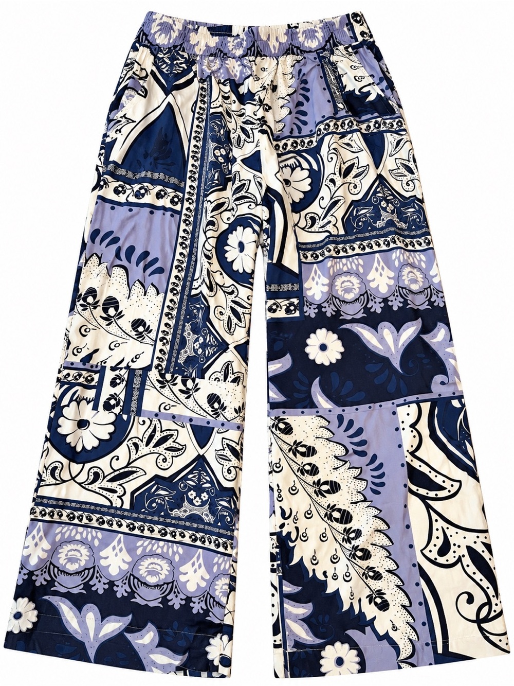 Christian Siriano Navy, White & Light Purple Wide-Leg Printed Pants